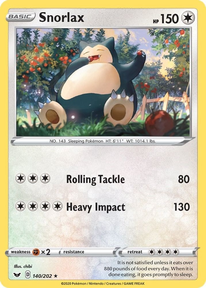2020 Pokemon: SWSH01: Sword & Shield Base Set (SWSH01) - Snorlax (#140/202, Rare) (Reverse Holofoil, Near Mint)
