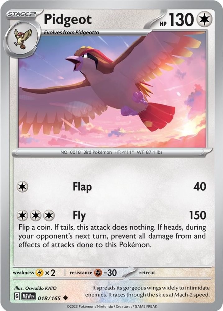 2023 Pokemon: SV: Scarlet & Violet 151 (MEW) - Pidgeot (#018/165, Uncommon) (Reverse Holofoil, Near Mint)