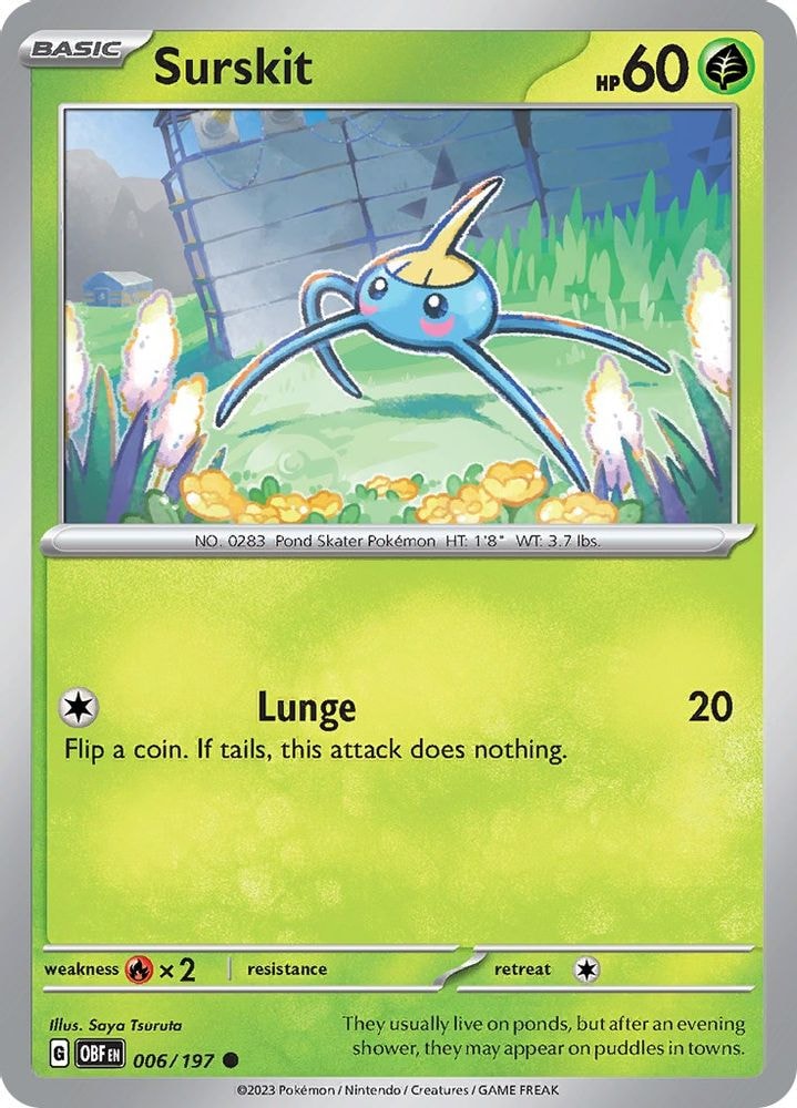 2023 Pokemon: SV03: Obsidian Flames (OBF) - Surskit (#006/197, Common) (Reverse Holofoil, Near Mint)