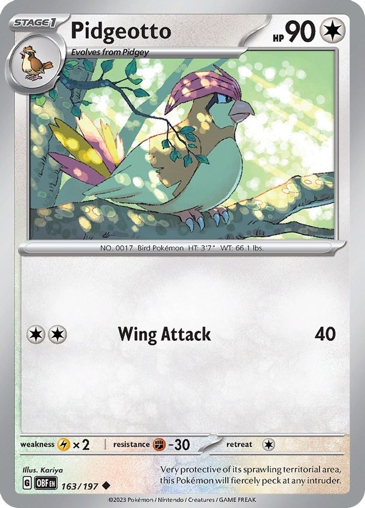 2023 Pokemon: SV03: Obsidian Flames (OBF) - Pidgeotto (#163/197, Uncommon) (Reverse Holofoil, Near Mint)