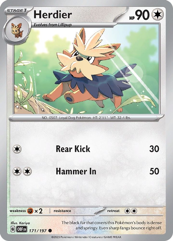2023 Pokemon: SV03: Obsidian Flames (OBF) - Herdier (#171/197, Common) (, Near Mint)