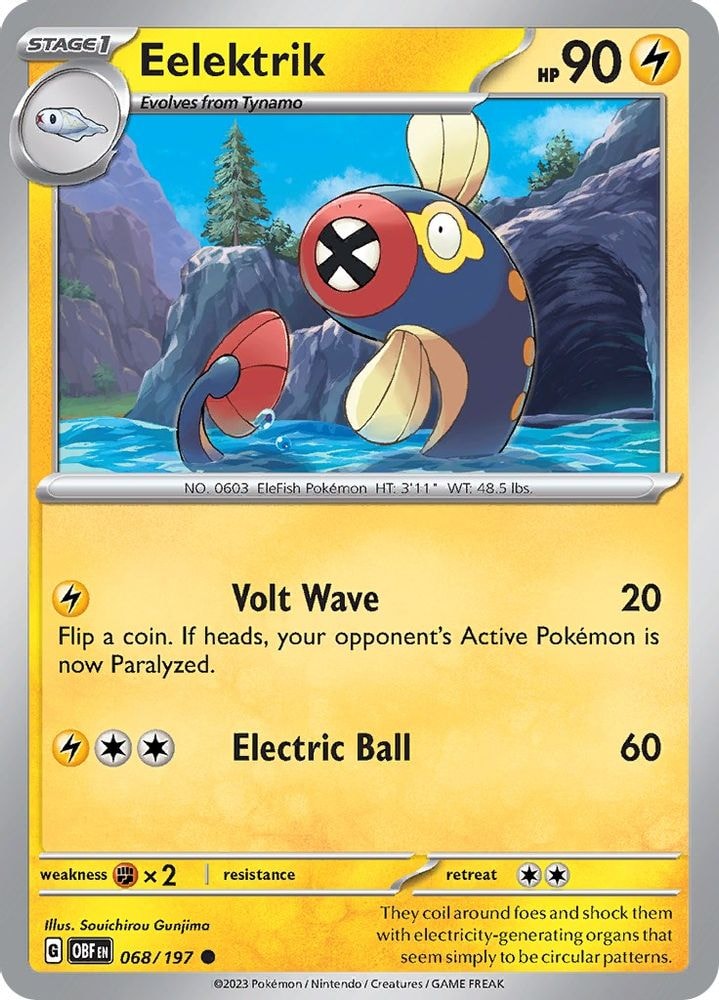 2023 Pokemon: SV03: Obsidian Flames (OBF) - Eelektrik (#068/197, Common) (Reverse Holofoil, Near Mint)