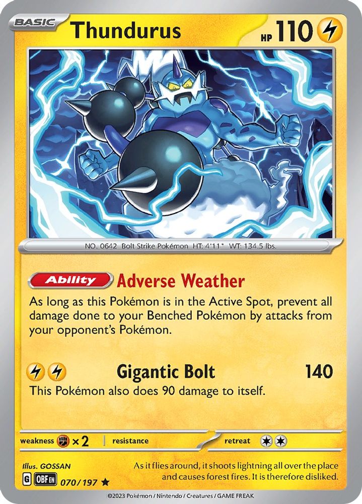 2023 Pokemon: SV03: Obsidian Flames (OBF) - Thundurus (#070/197, Rare) (Holofoil, Near Mint)