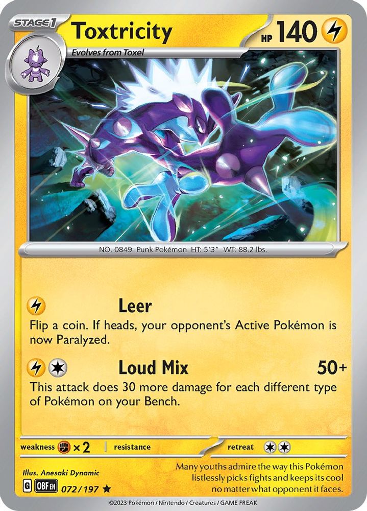 2023 Pokemon: SV03: Obsidian Flames (OBF) - Toxtricity (#072/197, Rare) (Holofoil, Near Mint)