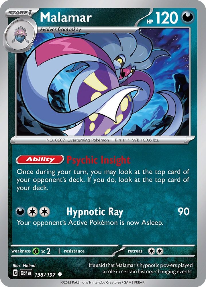 2023 Pokemon: SV03: Obsidian Flames (OBF) - Malamar (#138/197, Uncommon) (Reverse Holofoil, Near Mint)