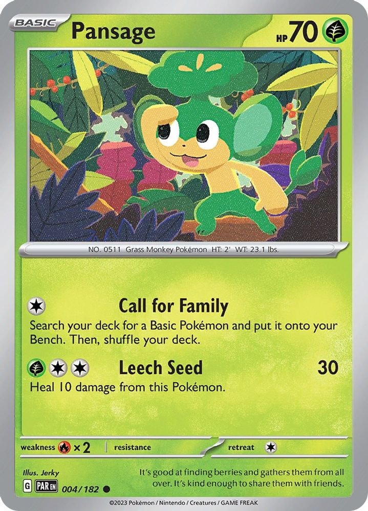 2023 Pokemon: SV04: Paradox Rift (PAR) - Pansage (#004/182, Common) (Reverse Holofoil, Near Mint)