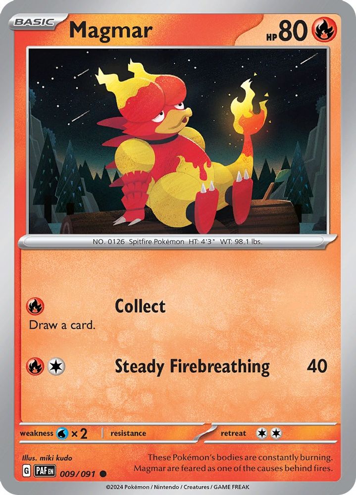 2024 Pokemon: SV: Paldean Fates (PAF) - Magmar (#009/091, Common) (Reverse Holofoil, Near Mint)