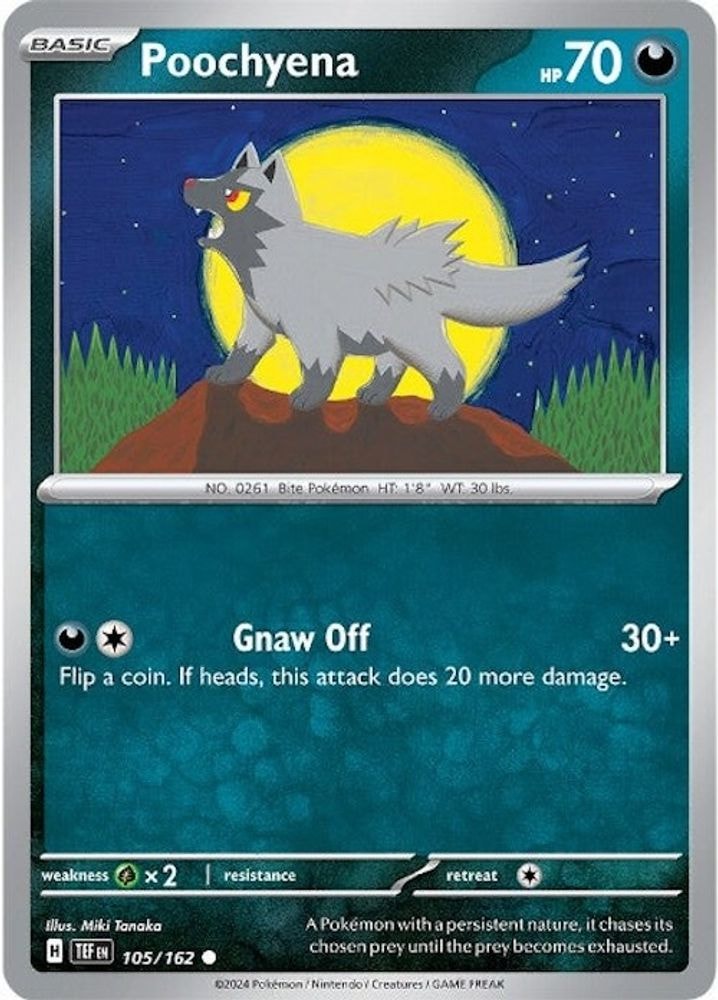 2024 Pokemon: SV05: Temporal Forces (TEF) - Poochyena (#105/162, Common) (Reverse Holofoil, Near Mint)