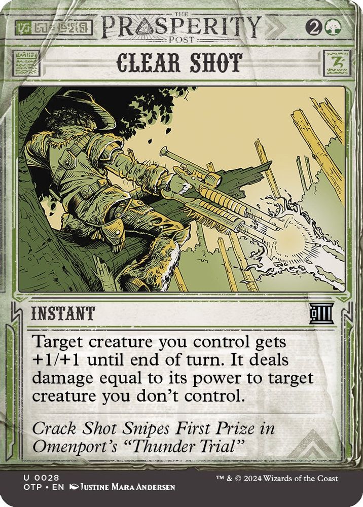 2024 Magic: The Gathering: Outlaws of Thunder Junction: Breaking News (OTP) - Clear Shot (#28, Uncommon) (, Near Mint)