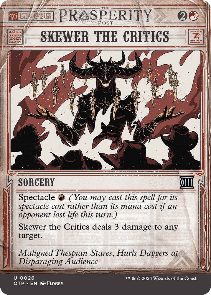 2024 Magic: The Gathering: Outlaws of Thunder Junction: Breaking News (OTP) - Skewer the Critics (#26, Uncommon) (, Near Mint)