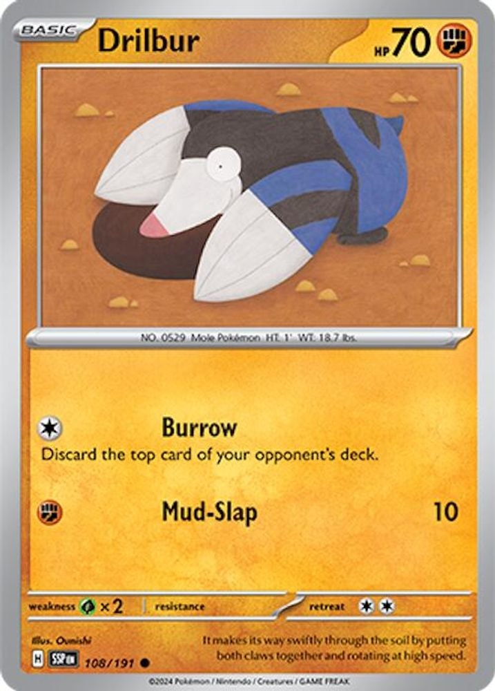 2024 Pokemon: SV08: Surging Sparks (SSP) - Drilbur (#108/191, Common) (Reverse Holofoil, Near Mint)