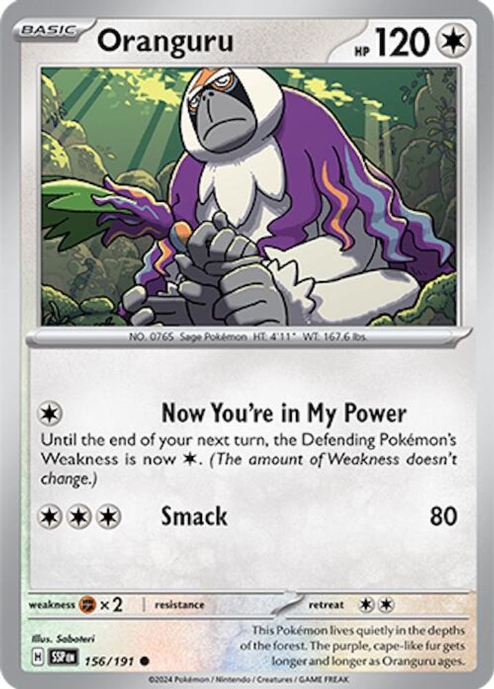 2024 Pokemon: SV08: Surging Sparks (SSP) - Oranguru (#156/191, Common) (Reverse Holofoil, Near Mint)