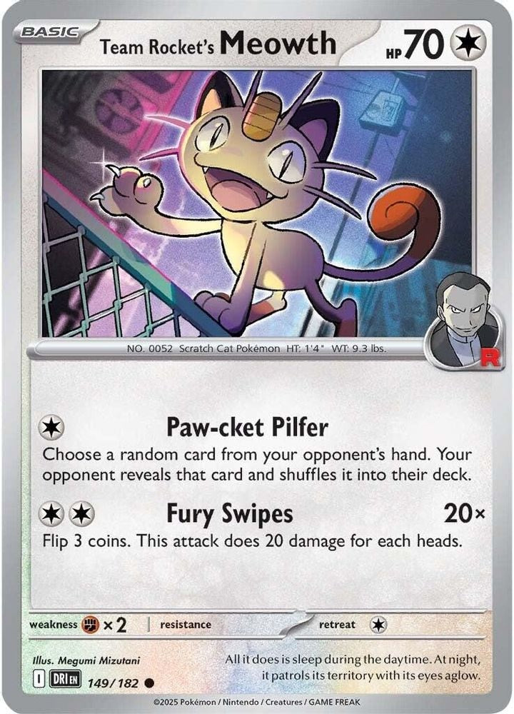 2025 Pokemon: SV10: Destined Rivals (DRI) - Team Rocket's Meowth (#149/182, Common) (Reverse Holofoil, Near Mint)