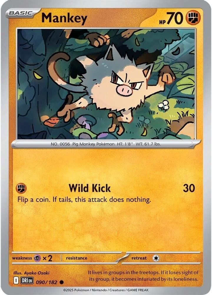 2025 Pokemon: SV10: Destined Rivals (DRI) - Mankey (#090/182, Common) (Reverse Holofoil, Near Mint)
