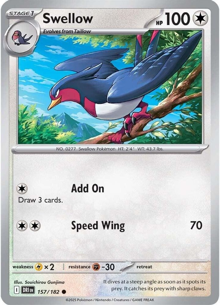 2025 Pokemon: SV10: Destined Rivals (DRI) - Swellow (#157/182, Common)