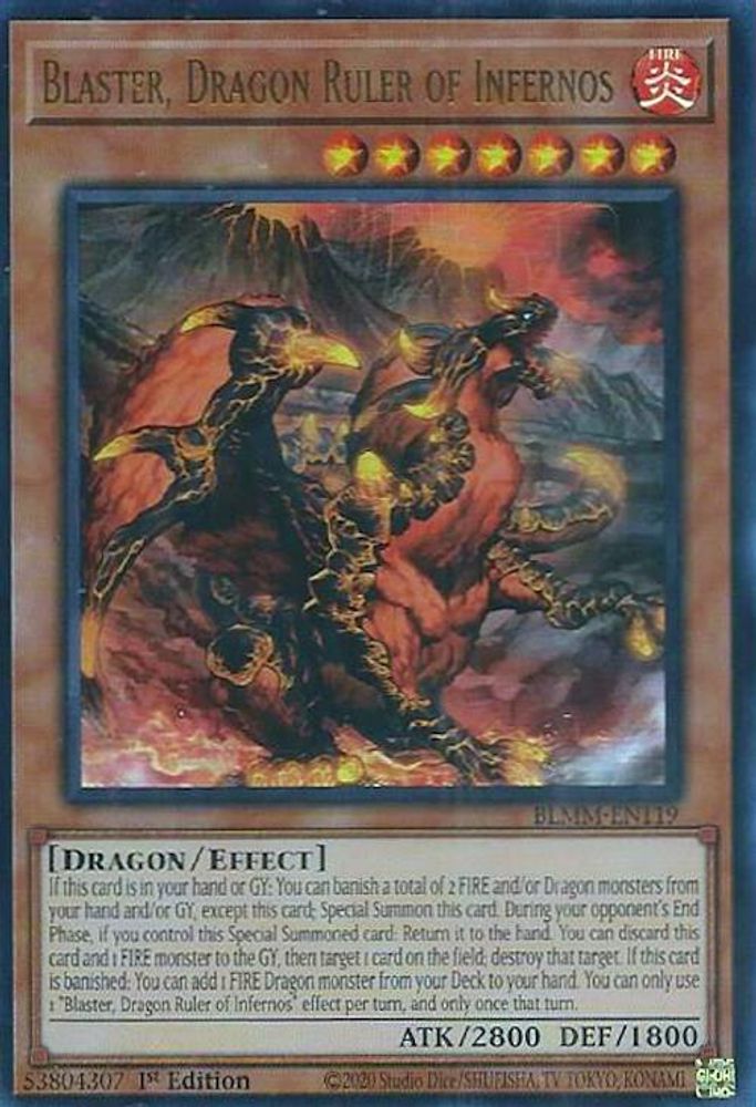 2025 YuGiOh: Battles of Legend: Monster Mayhem (BLMM) - Blaster Dragon Ruler of Infernos (#BLMM-EN119, Ultra Rare) (1st Edition, Near Mint)