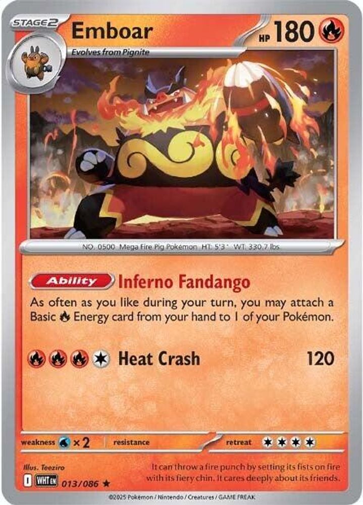 2025 Pokemon: SV: White Flare (WHT) - Emboar (#013/086, Rare) (Holofoil, Near Mint)