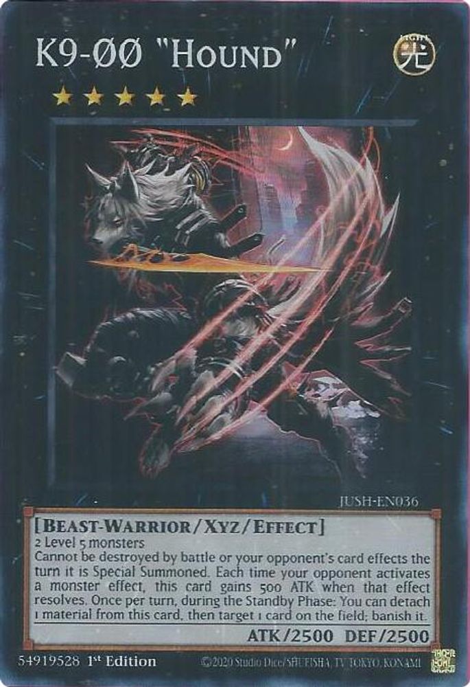 2025 YuGiOh: Justice Hunters (JUSH) - K9 00 Hound Super Rare (#JUSH-EN036, Super Rare) (1st Edition, Near Mint)
