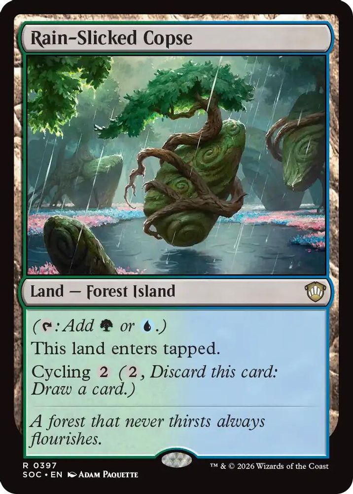 2026 Magic: The Gathering: Commander: Secrets of Strixhaven (SOC) - Rain Slicked Copse (#397, Rare) (, Near Mint)